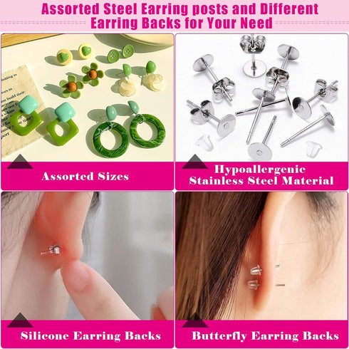 Earring Posts and Backs, Flasoo 700Pcs Stud Earring Making Kit with 300Pcs Stainless Steel Earring Posts and 400Pcs Earring Backs, Earring Supplie...
