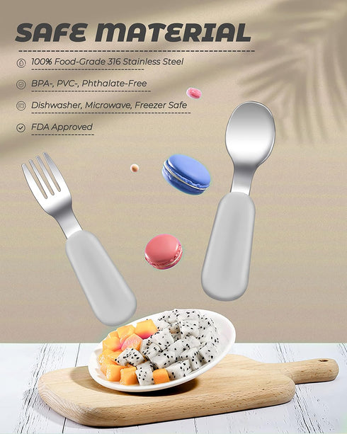 2 pcs Toddler Utensils, Stainless Steel Toddler Silverware Set with Round Handle, Baby Forks for Self Feeding, 1 Toddler Fork and 1 Toddler Spoon,...