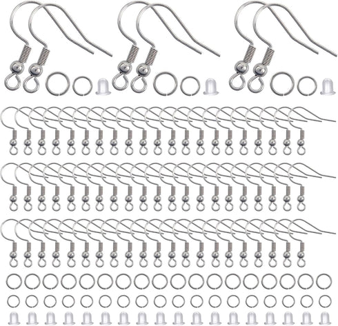TOAOB 300pcs Stainless Steel Hypoallergenic Earring Hooks Silver Earring Making Kit with Jump Rings and Clear Silicone Earring Backs for DIY Jewel...