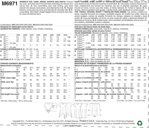McCall Pattern Company M6971 Women's Top, Tunic, Dress, Shorts and Pants, Size RR "18W-20W-22W-24W"...