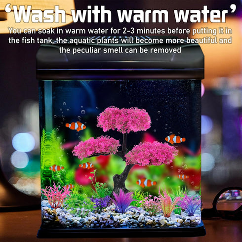 Ameliade Aquarium Artificial Plastic Plants Decoration, Pink Cherry Blossom Tree & Grass Aquarium Decor Set, Goldfish Betta Fish Tank Decorations ...