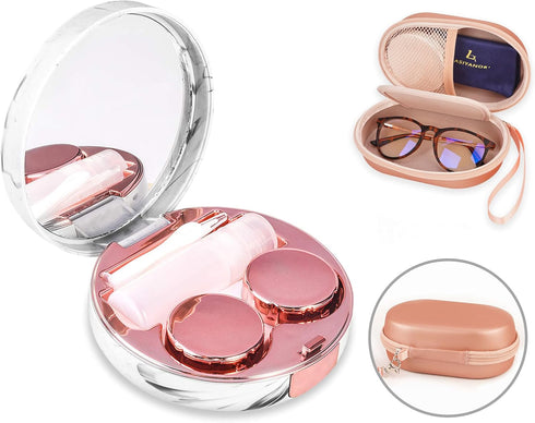 Lasiyanor 2 in 1 Contact Lens Case and Glasses Case, Portable Contact Box Bag with Mirror Tweezers Remover Tool Solution Bottle for Travel Daily O...