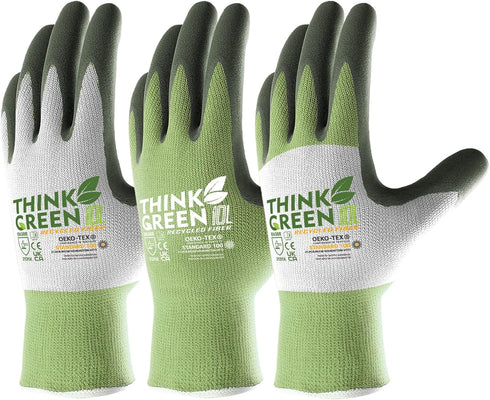 COOLJOB Gardening Gloves for Women and Men, 3 Pairs Recycled Polyester Garden Gloves with Rubber Coated, Green, White & Grey, Large Size (3 Pairs ...