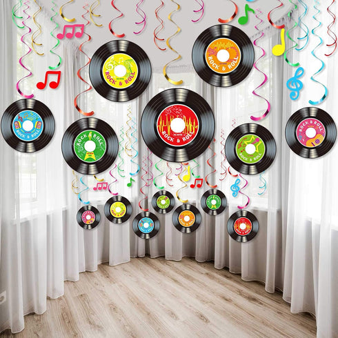 Sumind 30 Pcs 1950's Rock and Roll Music Party Sock Hop Decorations Vinyl Record Note Cutout Wall Decor Sign with Hanging Swirls Ceiling Decor for...