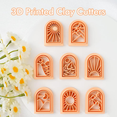 Puocaon Boho Landscape Clay Cutters - 8 Shapes Clay Cutters for Polymer Clay Jewelry Making, Sun Ray Polymer Clay Cutters for Earrings, Arch Clay ...