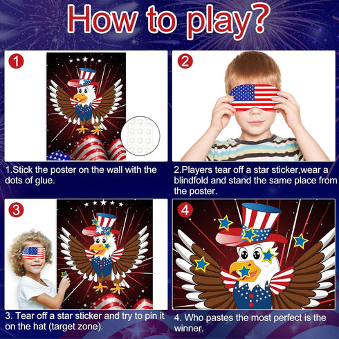 ASTARON Pin The Star on The Eagle Patriotic Party Game 4th of July Independence Day Party Activities Game, Poster with 36 Stickers & 3 blindfolds ...