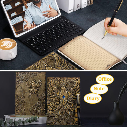 Vintage Phoenix Embossed Leather Notebook Travel Journal Daily Notebook Office Notebook,with Black Ballpoint Pen and Pen Sleeve.Antique Handmade,H...