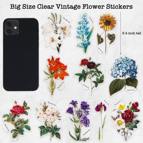 Knaid 100 Pieces Vintage Flower Stickers Set - Big 3.4" Waterproof Clear Botanical Floral Journaling Sticker for Scrapbooking Junk Journal Supplie...