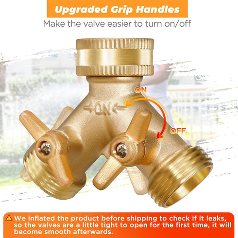 IPOW Garden Hose Splitter 2 Way Heavy Duty with Upgraded Handles, Solid Brass Water Faucet Y Splitter Hose Bib Splitter Connector Adapter with Com...