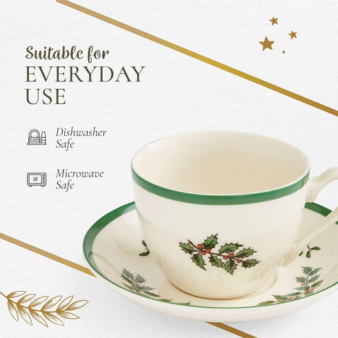 Spode Christmas Tree Teacup & Saucer Set - 7 Oz Earthenware Cup for Tea, Coffee, Cappuccino, Espresso - Holly & Mistletoe Holiday Accents - Holida...