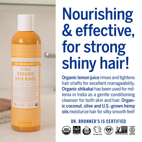 Dr. Bronner's - Organic Hair Rinse (Citrus, 8 Ounce) - Nourishing & Effective, Gentle Conditioning Cleanser for Skin & Hair, No Synthetic Ingredie...