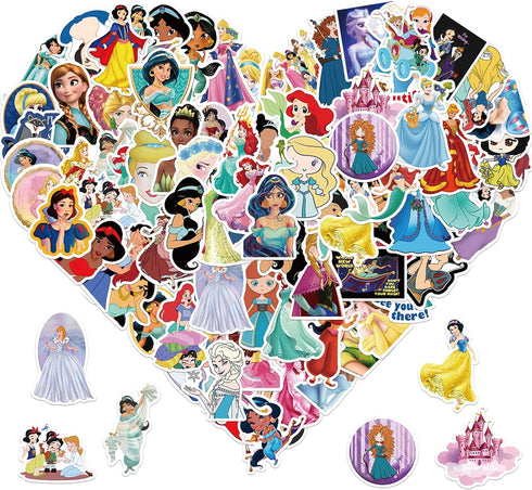 100pcs Cute Princess Stickers for Girl, Disney Cartoon Princess Stickers for Teen Kids Water Bottle, Skateboard, Phone, Laptop, Bicycle, Travel Ca...