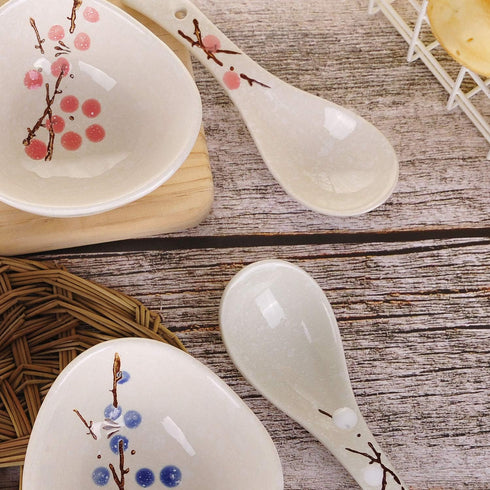 VanEnjoy Set of 4 Chinese/Japanese Ceramic Soup Spoons, Pink Cherry Blossom in Snow Pattern Ceramic Spoon Suitable for Soup...