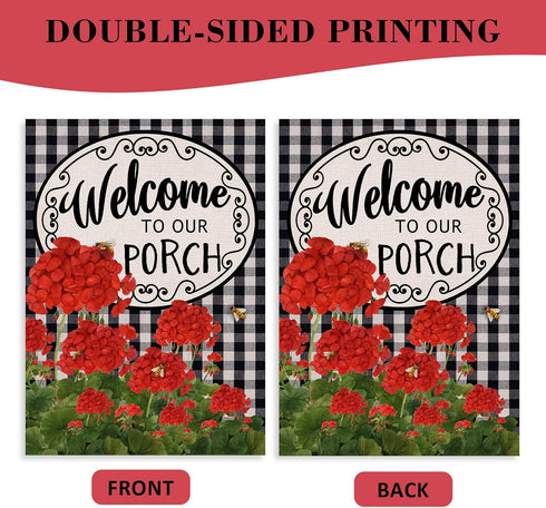 Home Decorative Welcome to Our Porch Geranium Spring Summer Garden Flag, Red Flower Black White Buffalo Plaid Check House Yard Outside Decoration ...