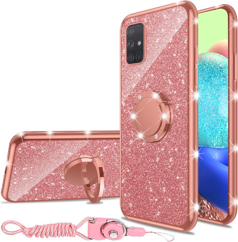nancheng for Samsung Galaxy A71 5G Phone Case Cute Girls Women Glitter Silicone Case with Ring Stand Strap Lanyard Shockproof Protection Cover - R...
