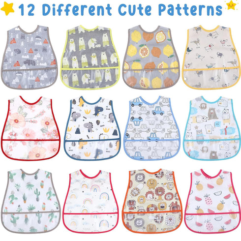 12 Pcs Baby Waterproof Bibs with Food Catcher Adjustable Snaps Plastic Feeding Bibs for Toddlers, 6 to 36 Months...