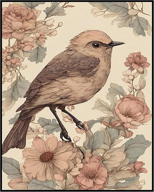Posterizer 1 pcs- Beautiful pink bird standing on wild flowers-Art for Animal Lovers-Floral Botanical Art- Gift for Men Women Teens-Living Room B...