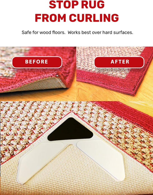 NeverCurl 8PK Rug Corner Grippers - Instantly Flattens Rug Corners Stop Rug Slipping, Stiff Layer Prevent Curling, Renewable Sticky Gel, Easy Lift...