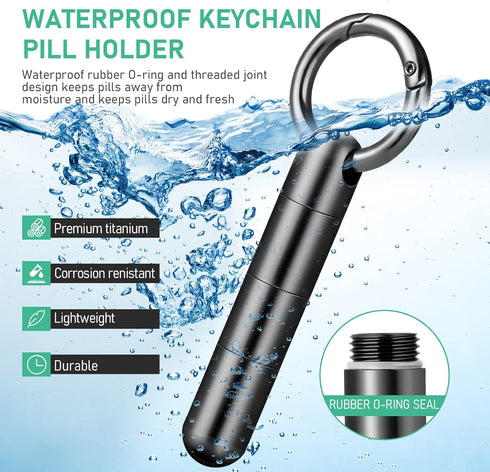 TISUR Keychain Pill Holder,Titanium Pill Case Small Pill Organizer Waterproof Pill Box, EDC Pill Container Metal Tube Outdoor Camping Travel for M...
