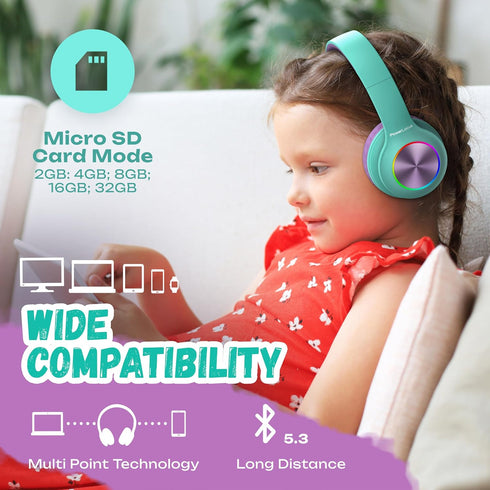 PowerLocus PLED Kids Bluetooth Headphones, Kids Wireless Headphones with LED Lights, 74/85/94dB Safe Volume, Micro SD, AUX Cable, Hi-Fi Stereo, Bu...