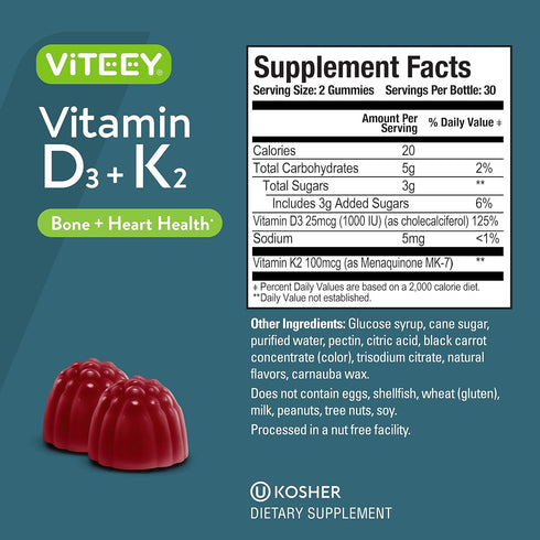 Vitamin D3 K2 Gummies - 1000 IU Vitamin D3 and K2 100mcg - Bone & Heart Health for Adults and Teens - Vegetarian, Gelatin Free, GMO Free - Tasty C...