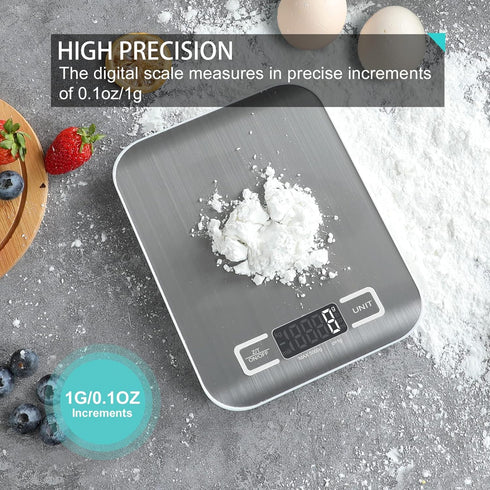 Digital Kitchen Scale,Food Scale for Meat Baking Weight,Unit Gram OZ lb Up 11 lb(1g-5KG),Silver Stainless Steel Anti-Fingerprint with Accuracy LCD...