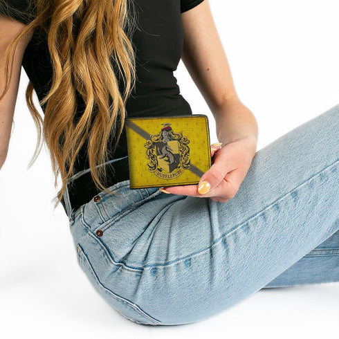 Buckle-Down Men's PU Bifold Wallet-Hufflepuff Crest/Stripe4 Weathered Gold/Brown, Multicolor, 4.0" x 3.5"...