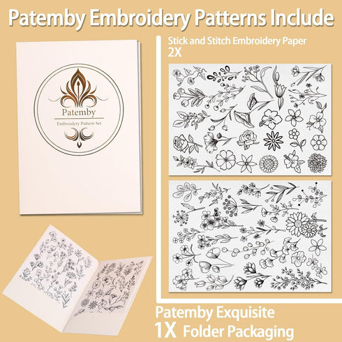 Patemby 50Pcs Water Soluble Embroidery Stabilizers, Stick and Stitch Embroidery Paper with Pre-Printed Flowers and Leaves Pattern Transfers for Ha...