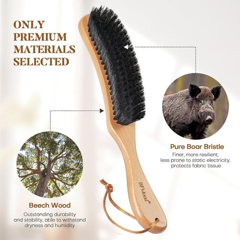 BFWood Clothes Brush - Boar Bristle Hat Brush Lint Brush for Suits, Cashmere, Wool, Velvet, Suede and Pet Hair - Large Beech Handle...