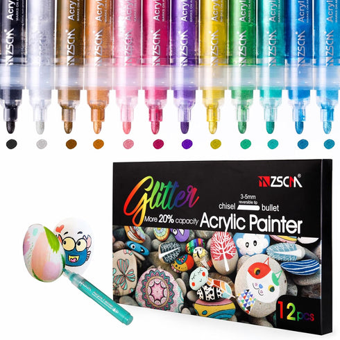 ZSCM 12 Colors Acrylic Glitter Markers Paint Pens, Rock Painting Pens Markers Metallic Art Marker for Kids Adults Card Making Painting Glass Ceram...