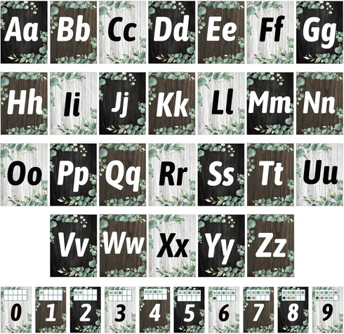 Whaline 36 Pack Eucalyptus Alphabet Number Bulletin Board Set Greenery Alphabet ABC Card Number 0-9 Card with Glue Points Green Leaves Prize Award...