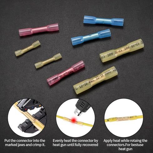130 Pcs Heat Shrink Butt Connectors Kit, 10-26 AWG Butt Splice Electrical Wire Connectors Kit, Waterproof Insulated Marine Automotive Crimp Termin...