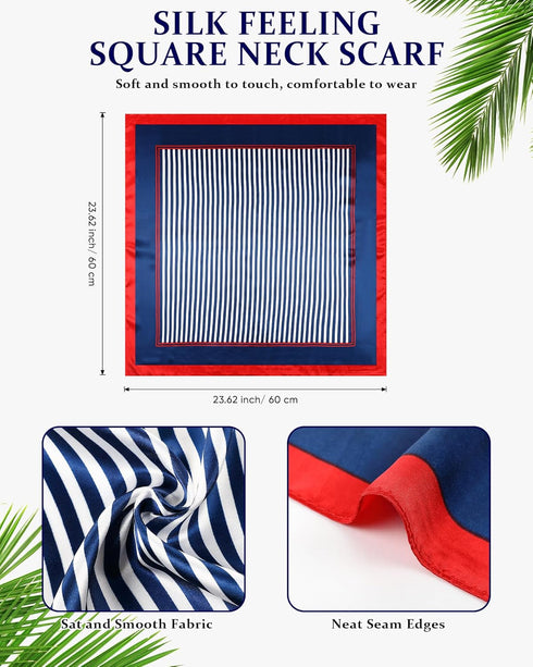 Bonuci Sailor Scarf 23.62 x 23.62 Inch Silk Satin Flight Attendant Scarf Square Red White and Blue Stripe Scarf for Women...