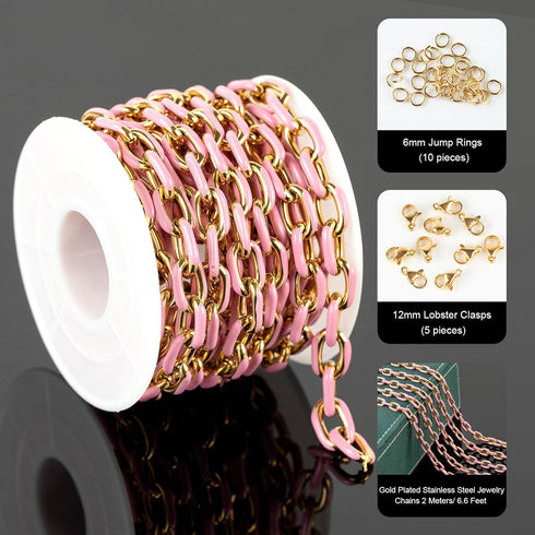 UMAOKANG 2 Meters Pink Enamel Paperclip Chains for Jewelry Making Gold Plated Stainless Steel Jewelry Chain for Necklace Bracelet DIY Jewelry Supp...