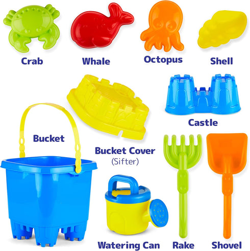 PREXTEX 10 Piece Beach Sand Toys Set for Kids - Bucket with Sifter, Shovel, Rake, Watering Can, 5 Animal and Castle Sand Molds for Kids & Toddlers...