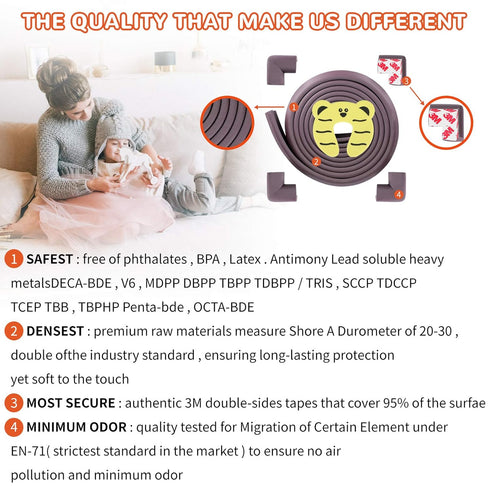 Baby Proofing Edge and Corner Guards, Safety 3M Pre-Taped Furniture Bumper, Coffee Brown, Heavy-Duty (Brown, 6.5 Feet + 4 Corner)...