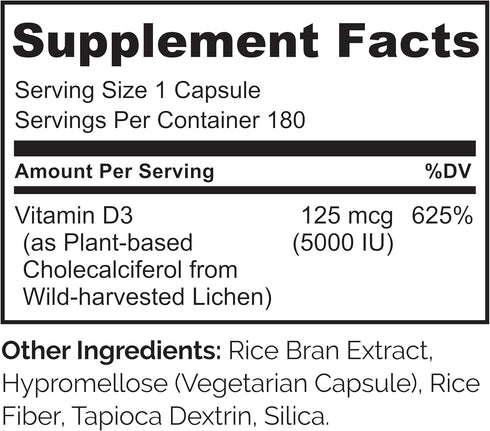 NATURELO Vitamin D - 5000 IU - Plant Based from Lichen - Natural D3 Supplement for Immune System, Bone Support, Joint Health - High Potency - Vega...