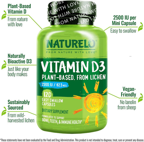 NATURELO Vitamin D - 2500 IU - Plant Based from Lichen - Natural D3 Supplement for Immune System, Bone Support, Joint Health - Vegan - Non-GMO - G...