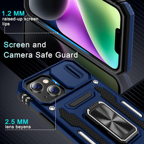 DEERLAMN for iPhone 13 Case, iPhone 14 Case with Slide Camera Cover + Screen Protector (2 Packs), Rotated Ring Kickstand Military Grade Shockproof...