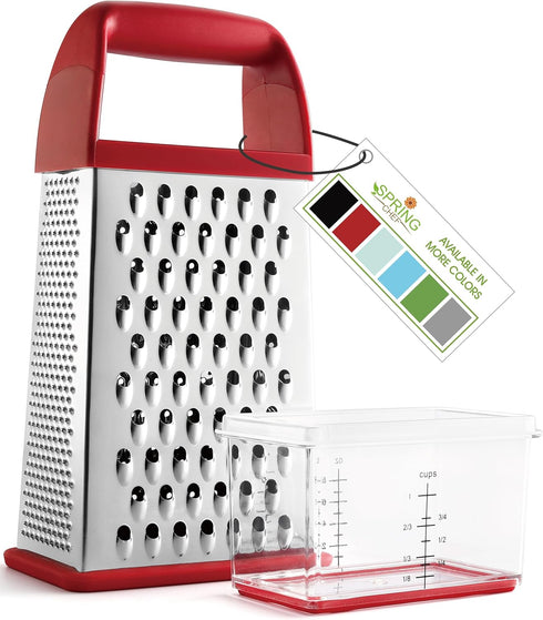 Spring Chef Professional Red 10" Parmesan Cheese Grater With Container, Stainless Steel & Soft Grip Handle, 4 Sided Kitchen Carrot Shredder, Handh...