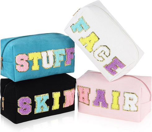4 Pcs Large Chenille Letter Patch Makeup Bag Skin Stuff Hair Face Bag Preppy Patch Makeup Cosmetic Bag Toiletry Zipper for Women Teen Girl(Letters...