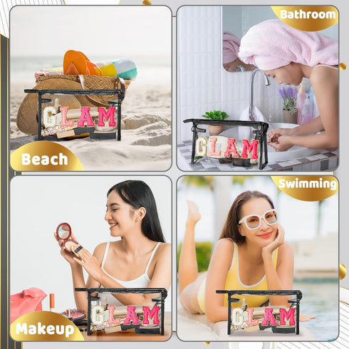 Preppy Patch Cosmetic Bag - Summer GLAM Chenille Varsity Letter Toiletry Bag Transparent PVC Zipper Makeup Bag Waterproof Portable Travel Beach Ba...