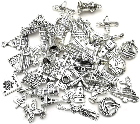WOCRAFT 50pcs Wholesale Bulk Lots Travel Charms for Jewelry Making Mixed Smooth Tibetan Silver Metal Charms Pendants DIY for Jewelry Making Neckla...