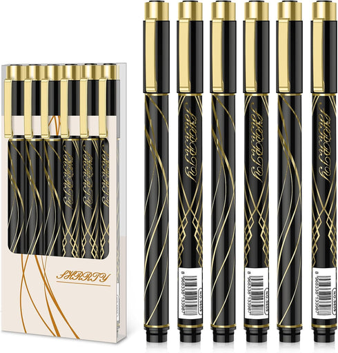 Pens Bulk 6-Pack, Black Ink pens, Quick Dry Ink Gel Pens, Medium Point Pens,Waterproof Micro-Pen,Noble black and gold line penholder Smooth Writin...