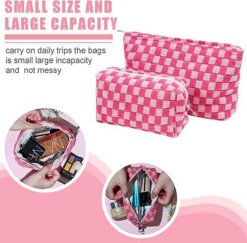 Large Capacity Makeup Bag Set Pink Checkered Makeup Bags 2 Pieces Canvas Travel Makeup Bag Organizer Travel Toiletry Bag Storage Bag for Women...