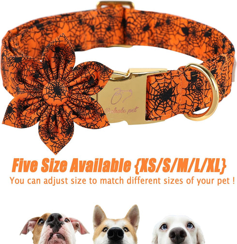 Halloween Dog Collars for Small Dog with Flower Tie,Fall Black Spider Dog Collar with Safety Metal Buckle Adjustable Puppy Collars for Medium Larg...