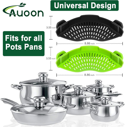2PACK AUOON Clip on Strainer for All Pots Pans - Silicone Pasta Strainer Kitchen Colander for Draining Noodles Spaghetti Ground Beef Grease?Easy t...