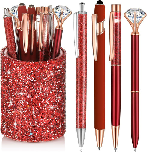Sabary 8 Pcs Ballpoint Pens with Pen Holder for Desk Metal Crystal Diamond Pen Glitter Pencil Holder Fancy Pens Black Ink Bling Desk Organizer for...