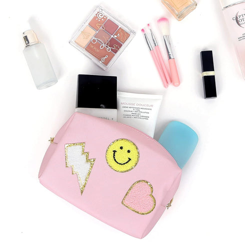 Preppy Patch Makeup Bag,Smile Lightning PU Leather Waterproof Makeup Bag for Girls,Daily Use Preppy Girls Stuff Makeup Bag,Travel Organizer Cosmet...