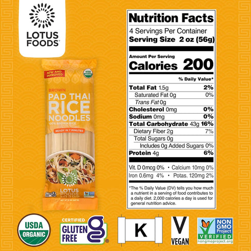 Lotus Foods Organic Brown Rice Pad Thai Noodles - Asian Style Noodles for Stir Fry, Gluten Free, Vegan, Whole Grain, Non GMO, Serve Hot or Cold - ...